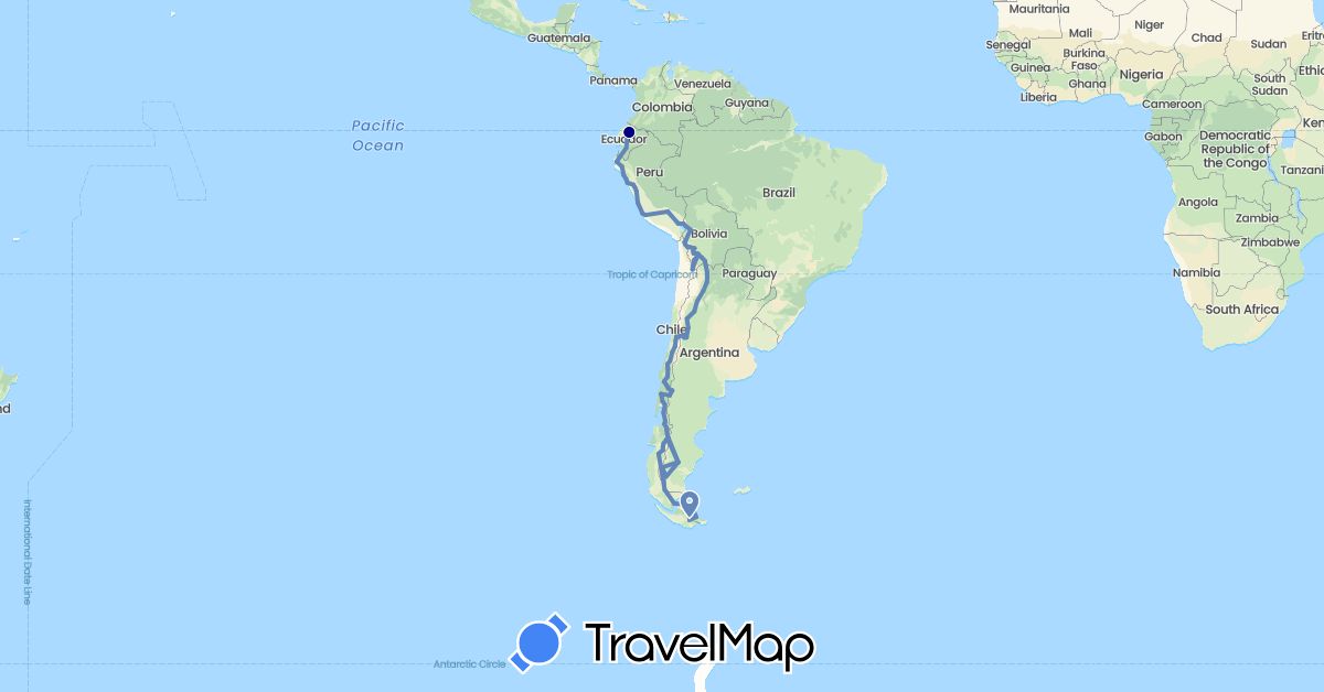 TravelMap itinerary: driving, cycling in Argentina, Bolivia, Chile, Ecuador, Peru (South America)